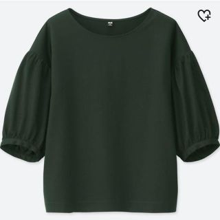 ユニクロ(UNIQLO)のUNIQLO【マーセライズコットンギャザースリーブT（5分袖）】Msize・深緑(カットソー(半袖/袖なし))