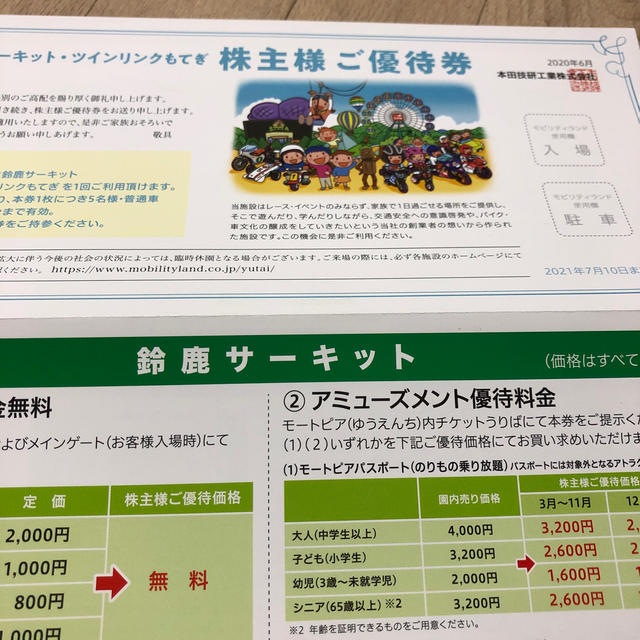 ホンダ(ホンダ)の鈴鹿サーキットツインクルもてぎ株主主優待券 チケットの施設利用券(遊園地/テーマパーク)の商品写真