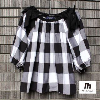 エムズグレイシー(M'S GRACY)の美品!絶妙ﾁｪｯｸXﾘﾎﾞﾝ🎀【M'S GRACY】ｵｰﾊﾞｰC/S 送料込(Tシャツ(長袖/七分))