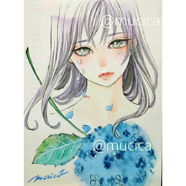 手描きイラスト 紫陽花の涙 オリジナル 原画 水彩画 美人画の通販 By アトリエ夢鹿 ラクマ