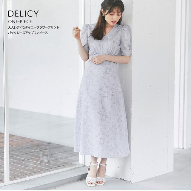 大人レディなタイニーフラワープリントバックレースアップワンピース【delicy