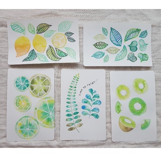 【水彩画】グリーン5枚セット　果物やリーフの絵インテリアやメッセージカードに♥(絵画/タペストリー)