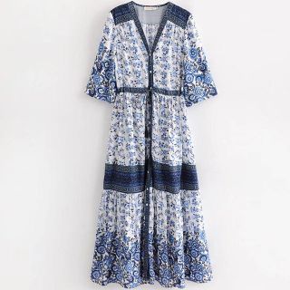 ザラ(ZARA)の新作☆ボヘミアン ロング ワンピース リゾート マキシ ワンピース ブルー(ロングワンピース/マキシワンピース)