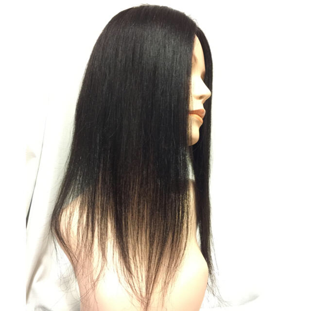 高級レミー人毛100%総手植えワイドヘアピース【限定45cmロング】自然な黒髪色