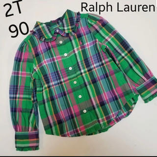 ラルフローレン(Ralph Lauren)の90cm女の子　Ralph Lauren緑×ピンクチェックシャツ　襟元・袖フリル(Tシャツ/カットソー)