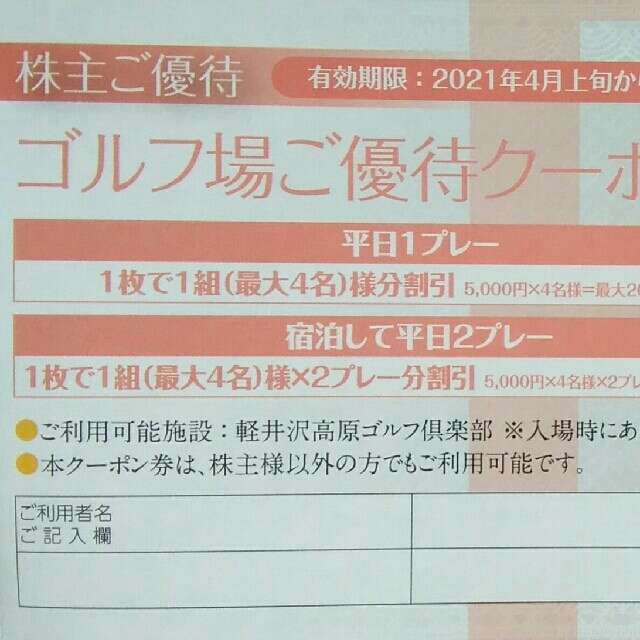 軽井沢高原ゴルフ倶楽部 優待クーポン券 １枚