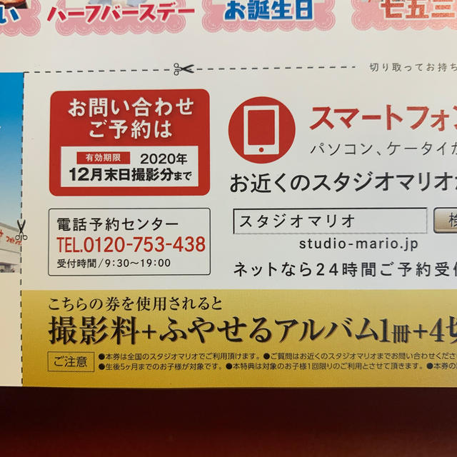 スタジオマリオ　お宮参り　100日祝い　無料券 キッズ/ベビー/マタニティのメモリアル/セレモニー用品(お宮参り用品)の商品写真