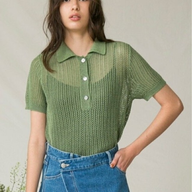 コットンメッシュニットポロシャツ レディースのトップス(ニット/セーター)の商品写真