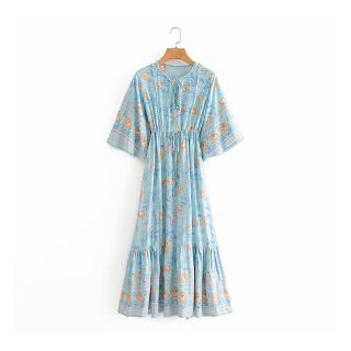 ザラ(ZARA)の1869＊S/S blue レトロ エスニック 花柄 ワンピース(ひざ丈ワンピース)