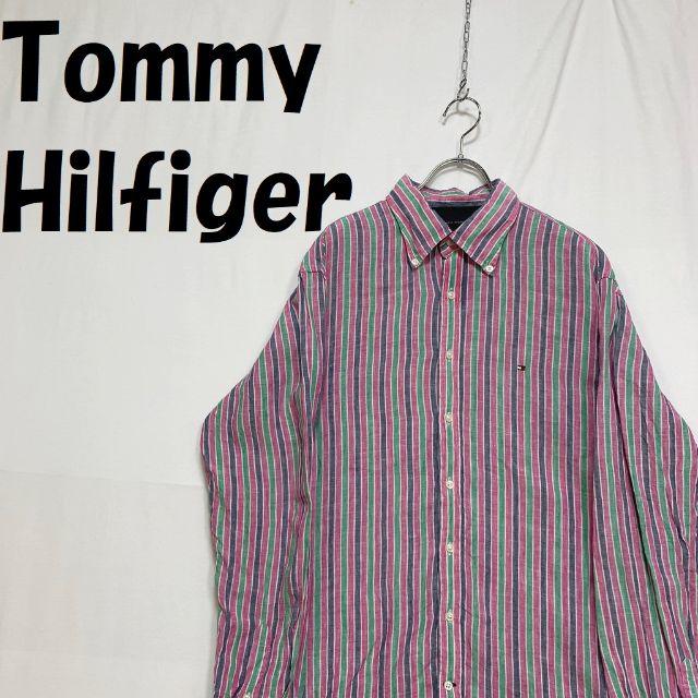 TOMMY HILFIGER(トミーヒルフィガー)のトミーヒルフィガー ボタンダウンシャツ 麻 刺繍 ストライプ マルチカラー L メンズのトップス(シャツ)の商品写真