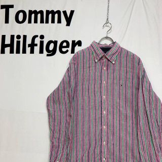 トミーヒルフィガー(TOMMY HILFIGER)のトミーヒルフィガー ボタンダウンシャツ 麻 刺繍 ストライプ マルチカラー L(シャツ)