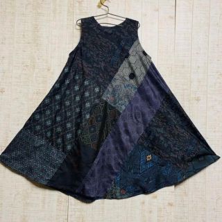 着物 リメイク 大島紬 パッチワーク ワンピース Aライン テント