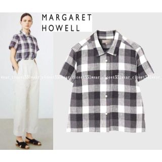 マーガレットハウエル(MARGARET HOWELL)の2019 美品マ―ガレットハウエル☆ブロックチェックリネン リトルシャツ2グレー(シャツ/ブラウス(半袖/袖なし))