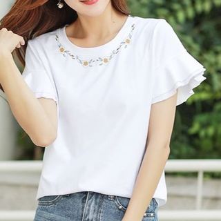 フリルスリーブTシャツ　ホワイト(Tシャツ(半袖/袖なし))
