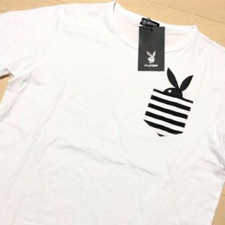 プレイボーイ(PLAYBOY)の新品　白　ＸＬ　PLAYBOY プレイボーイ　ボーダーポケット付き　Ｔシャツ(Tシャツ/カットソー(半袖/袖なし))