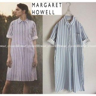 マーガレットハウエル(MARGARET HOWELL)の美品マーガレットハウエル☆キャンディストライプ シャツワンピース 2 ブルー(ひざ丈ワンピース)