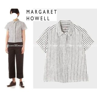 マーガレットハウエル(MARGARET HOWELL)の2018 美品マーガレットハウエル☆リネン ボールドストライプシャツ2 ブラック(シャツ/ブラウス(半袖/袖なし))