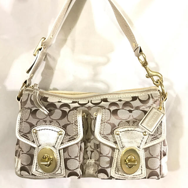 COACH コーチ 金レザー×シグネチャーキャンバス 肩かけワンショルダーバッグ