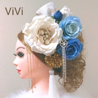 髪飾りViVi ～白青金・綺麗めエレガント薔薇～ 成人式 結婚式 花魁 かんざし(ヘアピン)