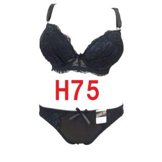 Ｈ75/L・ブラック●レースブラジャー＆ショーツ/グラマーカップ 大きいサイズ(ブラ&ショーツセット)