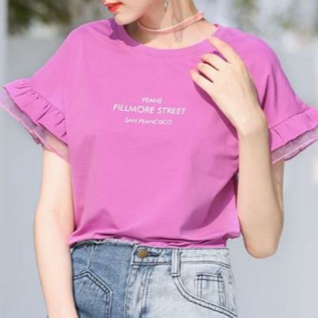 フリルレイヤードスリーブTシャツ　パープルピンク レディースのトップス(Tシャツ(半袖/袖なし))の商品写真