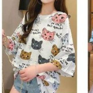 猫柄ビックTシャツ　ホワイト(Tシャツ(長袖/七分))