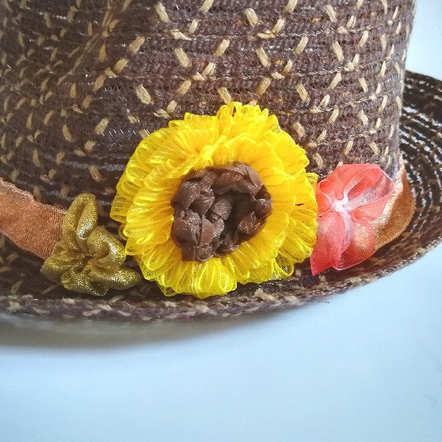 送料無料☆リボンフラワー  ヒマワリとハイビスカスのサマーハット ハンドメイドのファッション小物(帽子)の商品写真