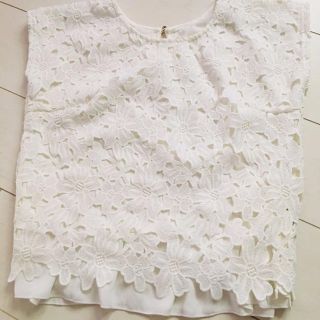 レース トップス ブラウスＴシャツ花刺繍Mサイズ(Tシャツ(半袖/袖なし))