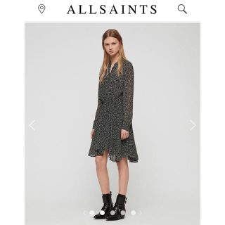 オールセインツ(All Saints)のAllsaints ワンピース S  白黒　水玉　美品(ひざ丈ワンピース)