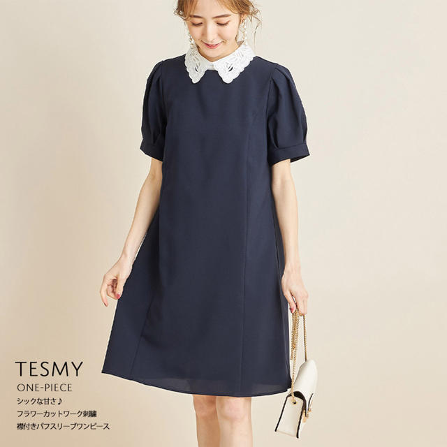 tocco(トッコ)のシックな甘さ♪フラワーカットワーク刺繍襟付きパフスリーブワンピース【tesmy レディースのワンピース(ひざ丈ワンピース)の商品写真