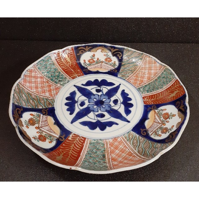 明治時代 古伊万里 染錦 細密画 上作品 花に四色彩文様 21.9cm 皿