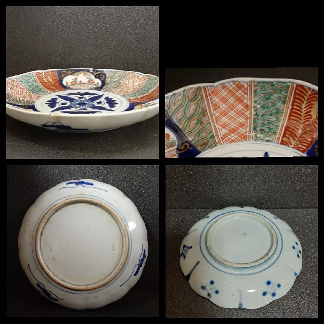 明治時代 古伊万里 染錦 細密画 上作品 花に四色彩文様 21.9cm 皿