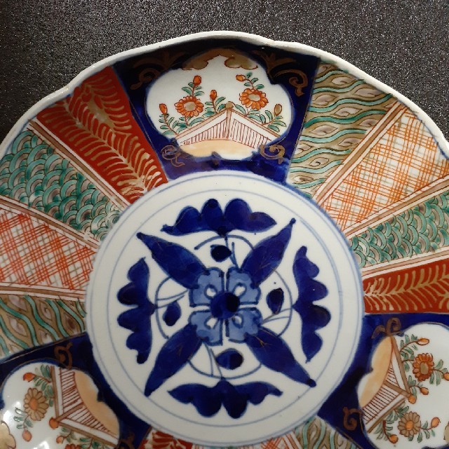明治時代 古伊万里 染錦 細密画 上作品 花に四色彩文様 21.9cm 皿