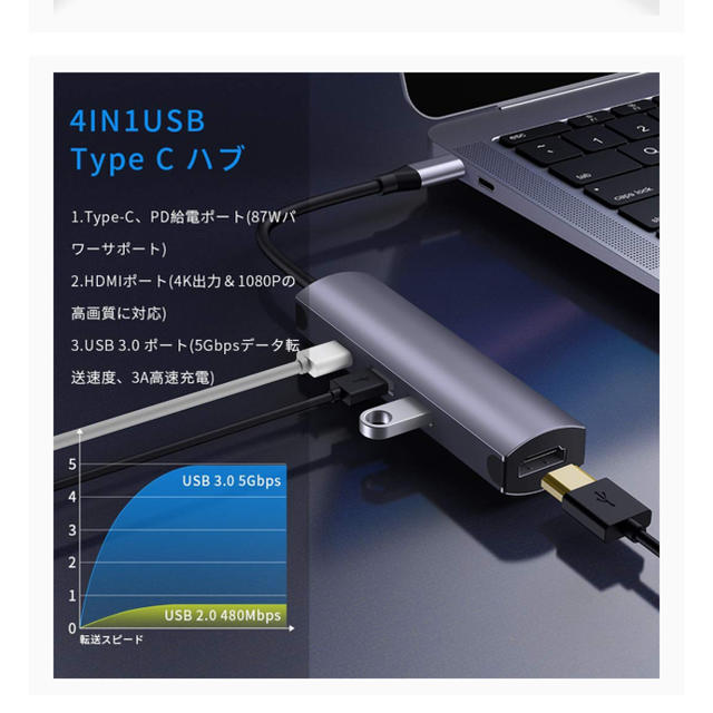 4in1 mac USB C hub 4K HDMI出力 スマホ/家電/カメラのPC/タブレット(PC周辺機器)の商品写真