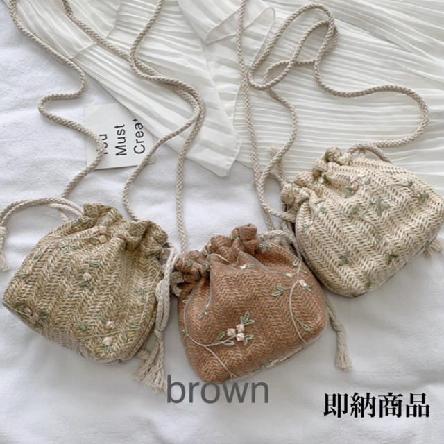 dholic(ディーホリック)の【新品♡巾着ショルダーバッグ】花柄刺繍/brown レディースのバッグ(かごバッグ/ストローバッグ)の商品写真