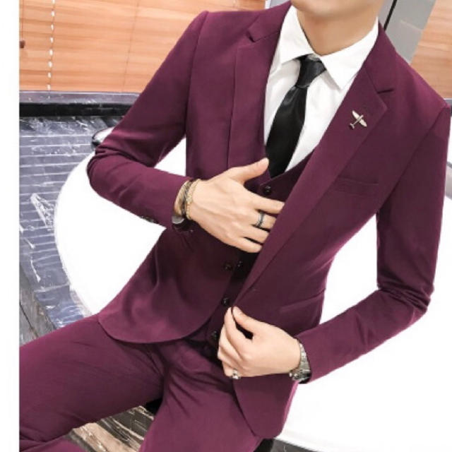 スーツ　ジャケット　パンツ　ベスト　3点セット　パープル　紫　ビジネス　オシャレ | フリマアプリ ラクマ