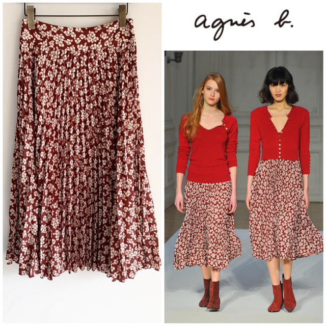 agnes b.(アニエスベー)のコレクション使用 agnes b. 花柄プリントプリーツスカート ワインレッド レディースのスカート(ロングスカート)の商品写真