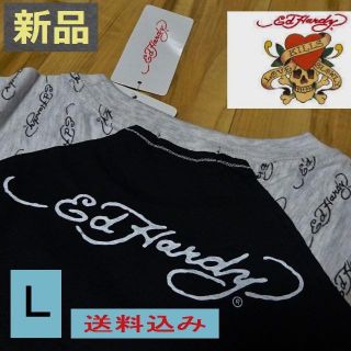 エドハーディー(Ed Hardy)のEd Hardy グレーｘ黒ラグランＴシャツ Ｌ 胸ポケット エドハーディー(Tシャツ/カットソー(半袖/袖なし))