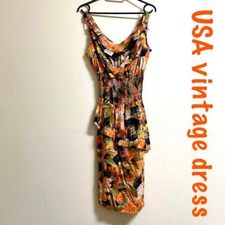 カルヴェン(CARVEN)の【USA Vintage／最終値引！送料込・即購入可】オレンジ色花柄ワンピース(ひざ丈ワンピース)