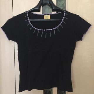 Tシャツ ブラック ビーズ・刺繍加工 コットン100% サイズ2 Lavable(Tシャツ/カットソー(半袖/袖なし))