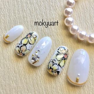 mokyuart45＊ボタニカルフラワー　ネイルチップ　イエロー　夏ネイル