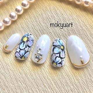 mokyuart46＊ボタニカルフラワー　ネイルチップ　ブルー　浴衣ネイル