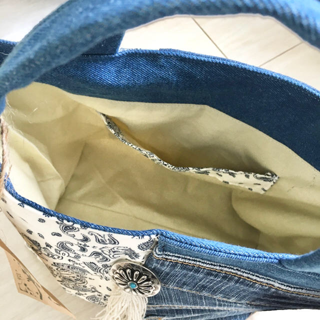 デニム×ペイズリートートバッグ中WHT ハンドメイドのファッション小物(バッグ)の商品写真