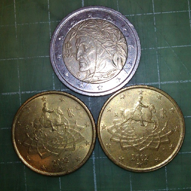 ２ユーロ硬貨・50ユーロセント硬貨×２枚(2002年・イタリア) エンタメ/ホビーの美術品/アンティーク(貨幣)の商品写真