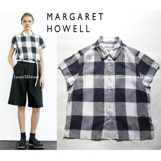 マーガレットハウエル(MARGARET HOWELL)の2018 美品マーガレットハウエル☆ラージチェックリネン丸襟シャツ2 ネイビー(シャツ/ブラウス(半袖/袖なし))