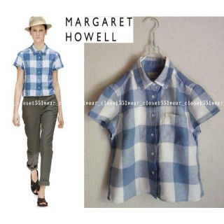 マーガレットハウエル(MARGARET HOWELL)の2014 美品マーガレットハウエル☆ラージチェック リネンシャツ 1 ブルー(シャツ/ブラウス(半袖/袖なし))