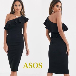 エイソス(asos)のten様専用⭐︎大幅値下げ❗️＊ASOS＊ワンショルダーフリルミディドレス　新品(ひざ丈ワンピース)