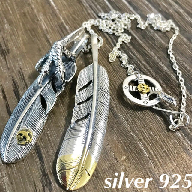 紺×赤 シルバー925 銀爪フェザー 先金フェザー ネックレス / ゴローズ