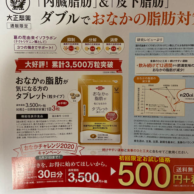 大正製薬(タイショウセイヤク)のおなかの脂肪が気になる方のタブレット　定価３５００円→５００円→申込み用紙1枚 コスメ/美容のダイエット(ダイエット食品)の商品写真