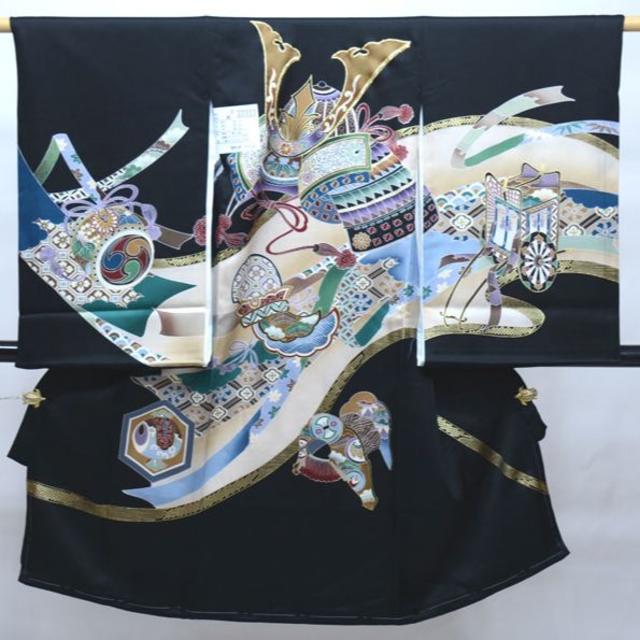 お宮参り 産着 のしめ 男児 正絹 金刺繍 黒地 綸子地 兜 NO33333メモリアル/セレモニー用品